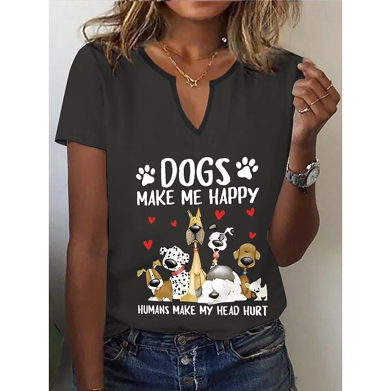 Women's T Shirt Henley Shirt Basic Dog Letter Print Short Sleeve Regular Tops Round Neck Daily Weekend Black White Red4