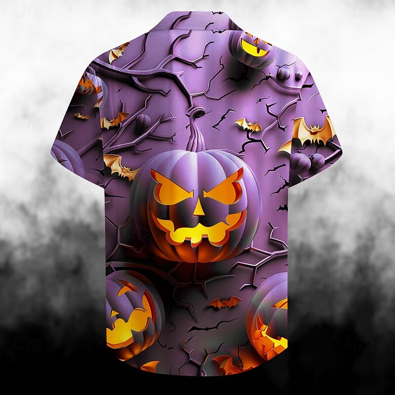 Halloween Men's Pumpkin Grimace Halloween Costumes Shirt Button Up Shirt Short Sleeve Casual Dark Party Evening Wear Summer Turndown Collared Shirts Button Up 3D Print Blue Purple3