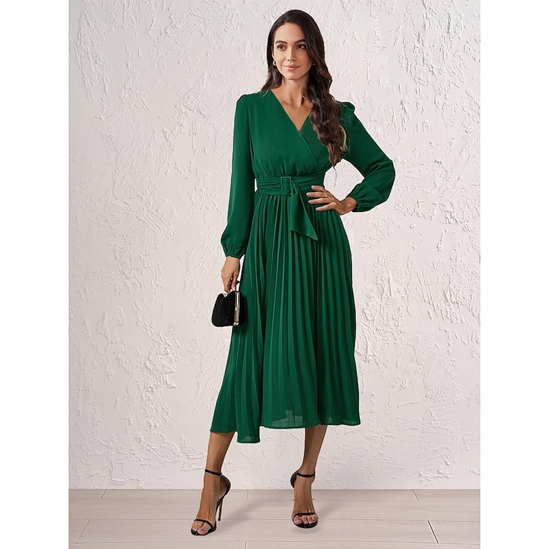 Women's Casual Dress Midi Dress Ruched With Belt Work Elegant V Neck Long Sleeve Black Red Blue Color