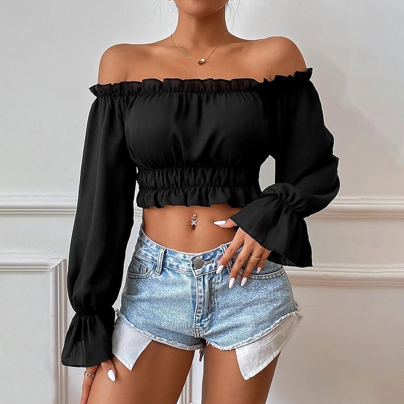 Shirt Blouse Women's Black Plain Crop Top Street Daily Fashion Off Shoulder Regular Fit S4