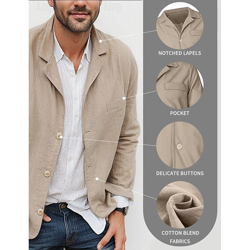 Men's Lightweight Jacket Blazer Jacket Linen Blazer Formal Office Autumn / Fall Cotton And Linen Solid Color Comfy Single Breasted Blazer Light Green Navy Blue Brown khaki2
