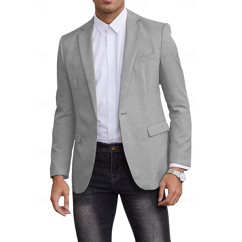 Men's Blazer Jacket Linen Blazer Notch Collar Fashion Casual Solid Colored Blazer Black Sky Blue Dark Blue Standard Fit Single Breasted One-button4