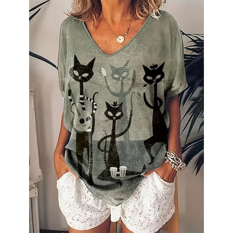 Halloween Women's T shirt Black Cat Casual Print Short Sleeve Regular Tops V Neck Daily Red Blue Green Summer