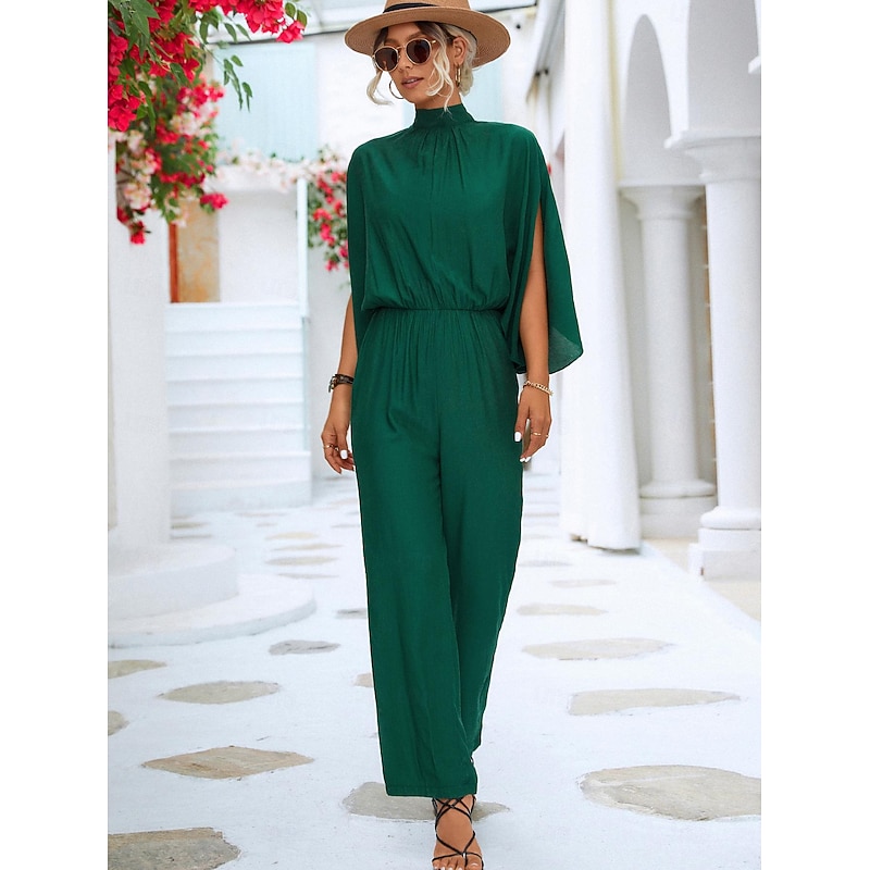 Women's Normal Jumpsuit Elegant Solid Color 3/4 Length Sleeve Batwing Sleeve Wide Leg Turtleneck Pleated Work Loose Fit Black Green Summer3