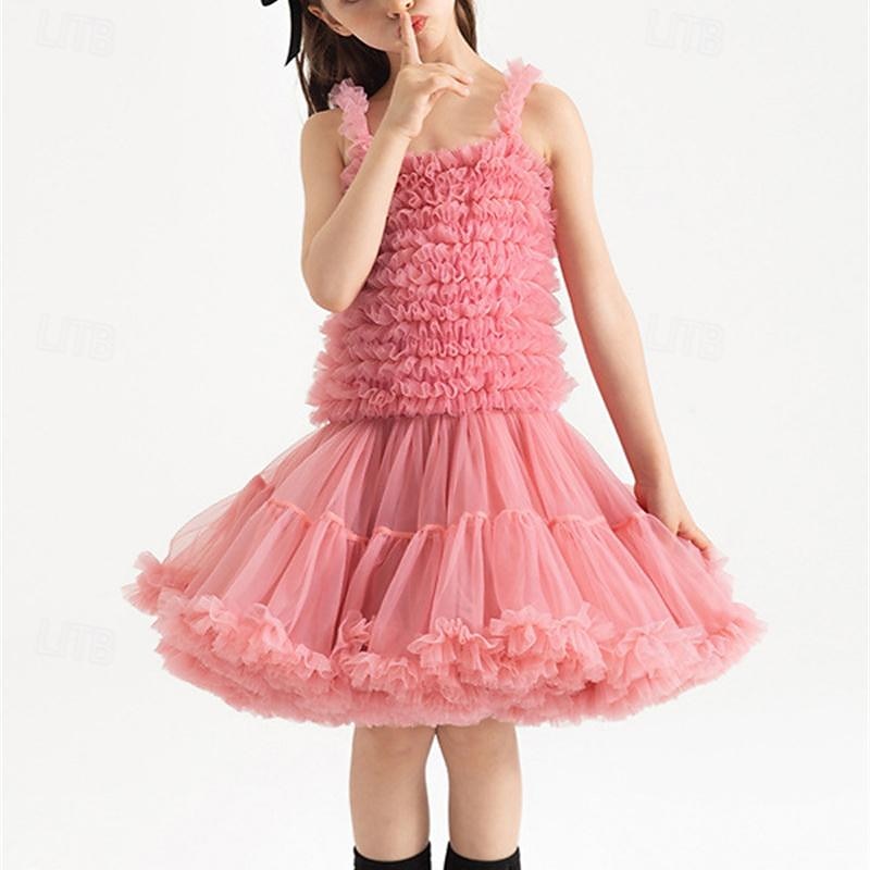 Girls' 3D Solid Color Cami Dress Sleeveless Summer Performance Party Birthday Princess Beautiful Sweet Little Kids(4-7ys) 4-7 Years Strap Dress Tulle Dress Above Knee Regular Fit2