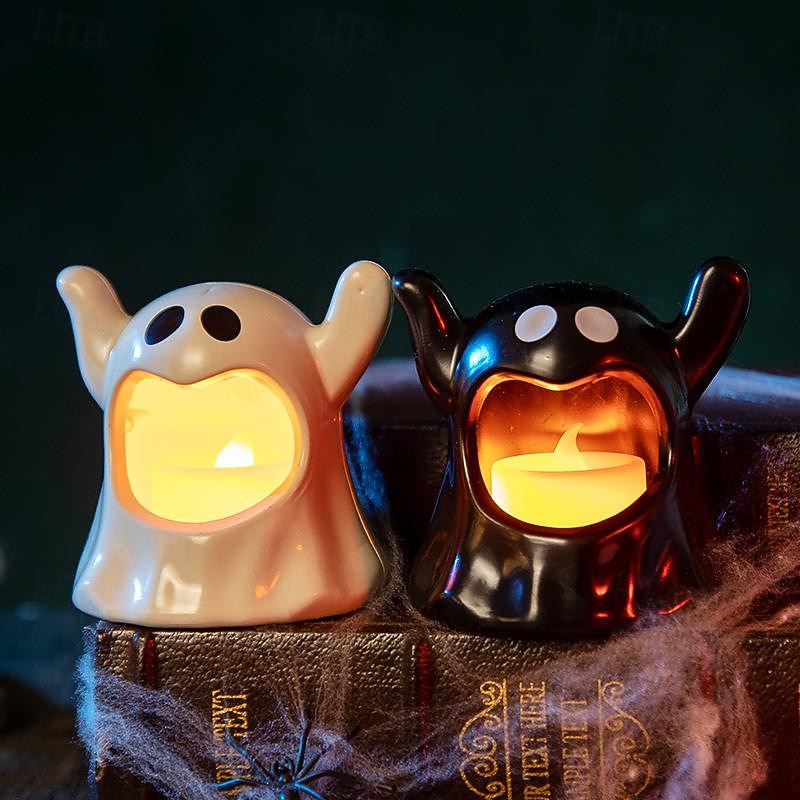Halloween Ceramic Candle Light, Lighted Ghost Room Decor Holder Decorations Spooky Ghost Light Atmosphere Decor Props Ghost LED Electronic Candle Light Black and White Ghost Night Lamp 3/6/12PCS4