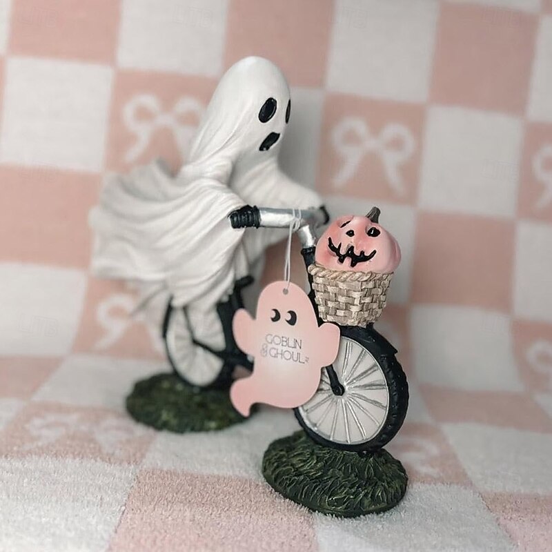 Ghost Bike Rider with Pink Pumpkin Halloween Decor, Ghost Riding a Bikes and Pink Pumpkin Statue,Cute Ghost Riding Figurines,Funny Ghost Figurine Home Tabletop Decorations4