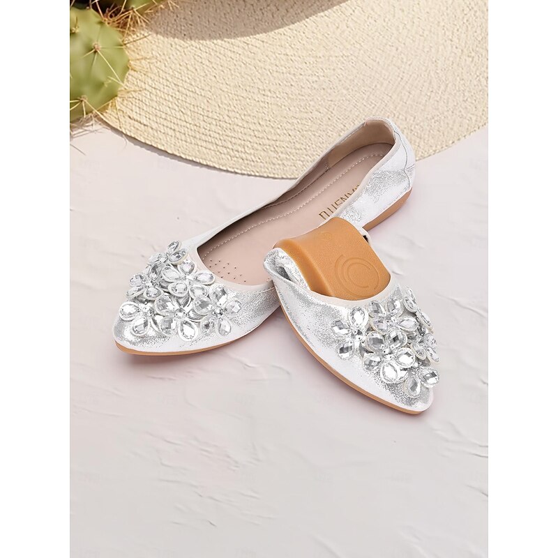Women's Silver Foldable Flats with Rhinestone Embellishments - Comfortable, Lightweight Shoes for Travel, Parties, and Special Occasions