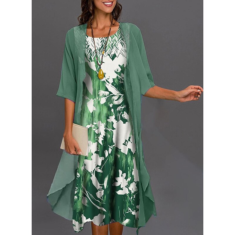 Women's Graduation Dress Midi Dress Two Piece Dress Set Dress Green Blue Gray Half Sleeve Floral Print Summer Spring U Neck Casual