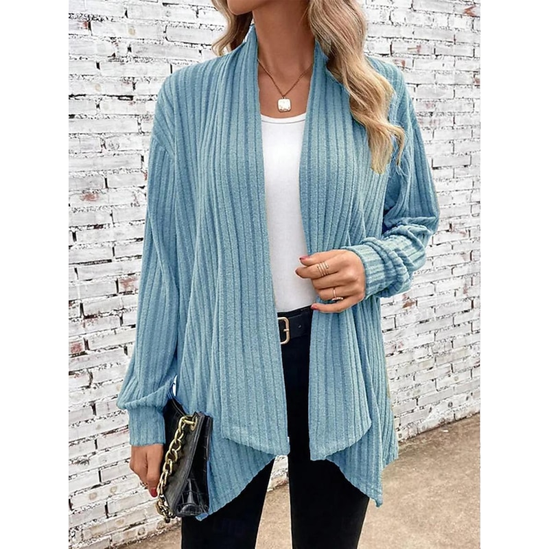 Women's Cardigan Coat Daily Solid Color Ribbed Open Front Knitted Long Sleeve Regular Tops Knit Daily Blue Purple Spring Fall3