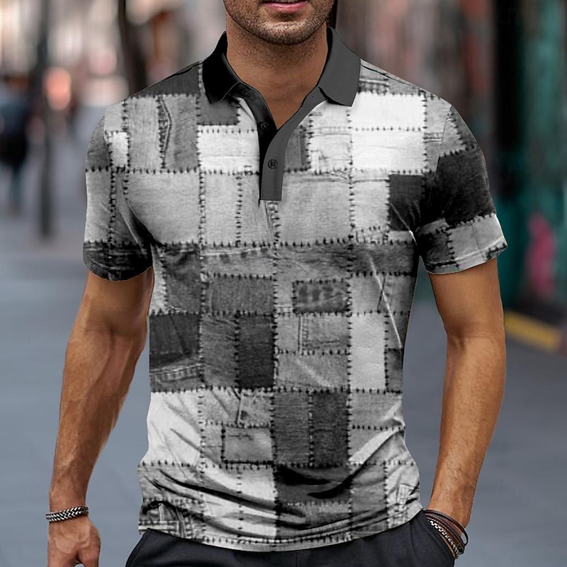 Men's Plaid Polo Shirts Golf Shirt Short Sleeve Polo Shirts Collared Shirts Vintage Vacation Wear Formal Wear Festival Wear Buttons 3D Print Spring & Summer Blue Khaki Gray4