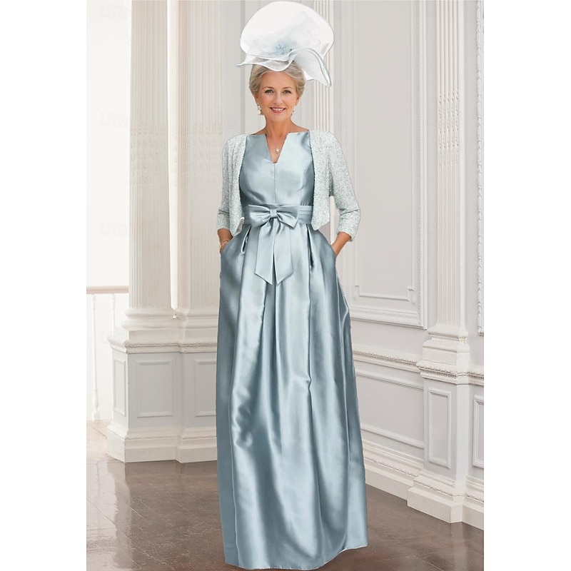 Two Piece A-Line Mother of the Bride Dress Elegant Sparkle & Shine V Neck Floor Length Satin Sequined 3/4 Length Sleeve Wrap Included with Bow(s)