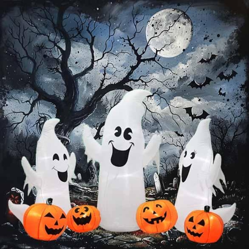 7FT Long Halloween Inflatable Lighted Ghosts and Pumpkins, 3 Ghosts Inflatables with Led Lights for Home Yard Lawn Indoor Halloween Outdoor Decoration
