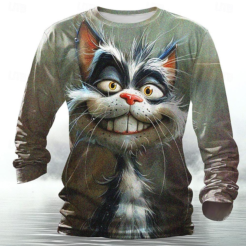 Men's Cat Funny T Shirt Henley Shirt Long Sleeve T shirt 3D Print Crew Neck Shirt Designer Retro Vintage Street Casual Daily Dark Gray Summer Spring Fall Clothing Apparel S M L XL XXL 3XL