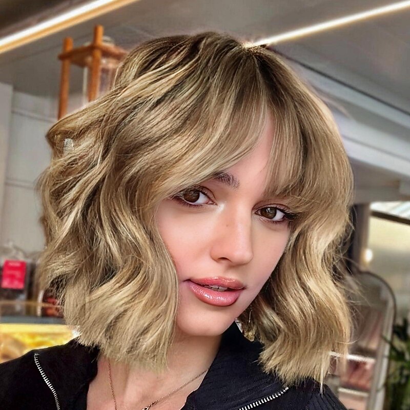 Ombre Blonde Wigs With Bangs Short Wavy Bob Wig for Women Synthetic Ombre Blonde Short Curly Wave Wigs Heat Resistant Fiber Hair Wigs for Daily Halloween Wigs