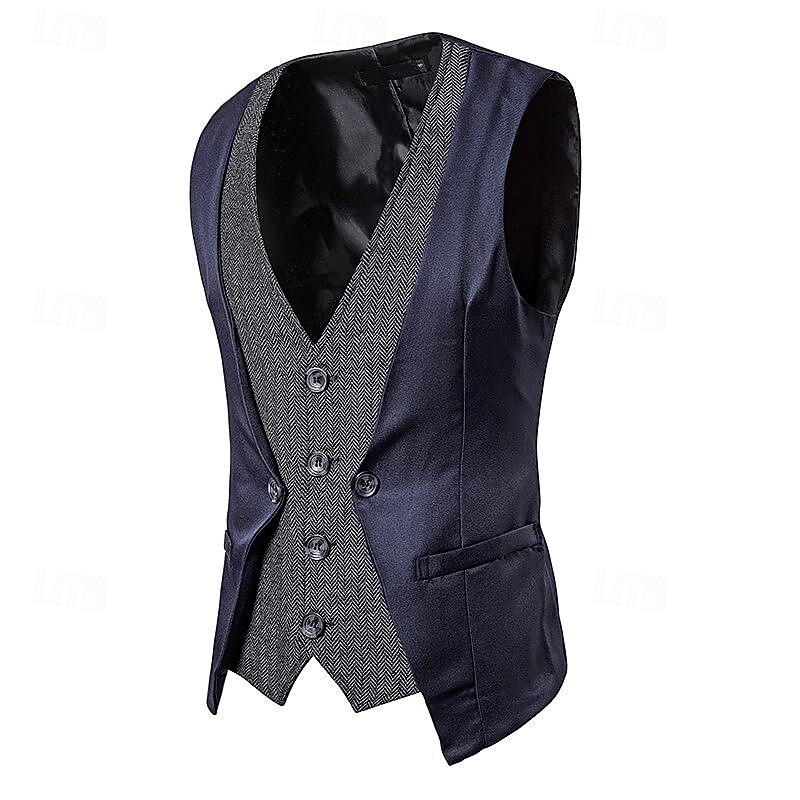 Men's Vest Gilet Wedding Event / Party Daily Fashion Business Spring &  Fall Patchwork Button 2 in 1 Polyester Comfortable Color Block Single Breasted One-button V Neck Regular Fit Black Navy Blue4