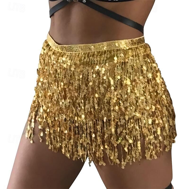 Womens Belly Dance Hip Scarf with Sparkly Fringe Rave Party Sequin Skirt Costume Festival Tassel Skirt