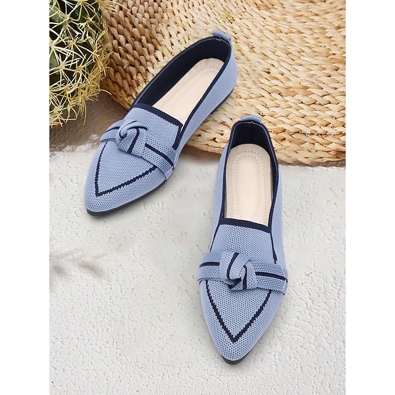 Women's Blue Knit Pointed Toe Flats with Bow – Comfortable Slip-On Loafers for Casual and Everyday Wear
