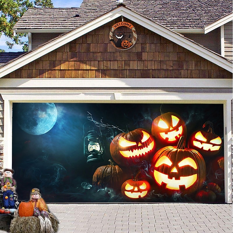 Halloween Door Decorations Halloween Garage Door Cover Pumpkins Jack O Lantern Outdoor Banner Ghost Bats Large Backdrop Decoration for Holiday Out door Decorations Door Home Wall Decorations 29