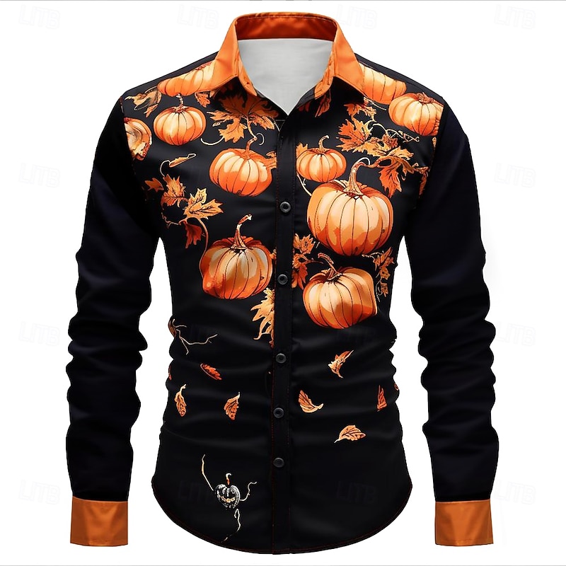Halloween Men's Pumpkin Halloween Costumes Button Up Shirt Long Sleeve Casual Party Evening Wear Fall Winter Spring & Summer Turndown Shirt Collar Button Up 3D Print Orange
