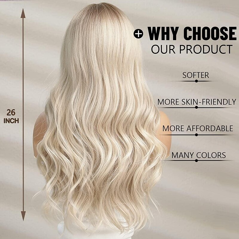 Long Curly Blonde Wig for Women Synthetic Hair with Bangs Wave Wigs with Dark Roots Daily Cosplay High Density Heat Resistant Halloween Wigs3