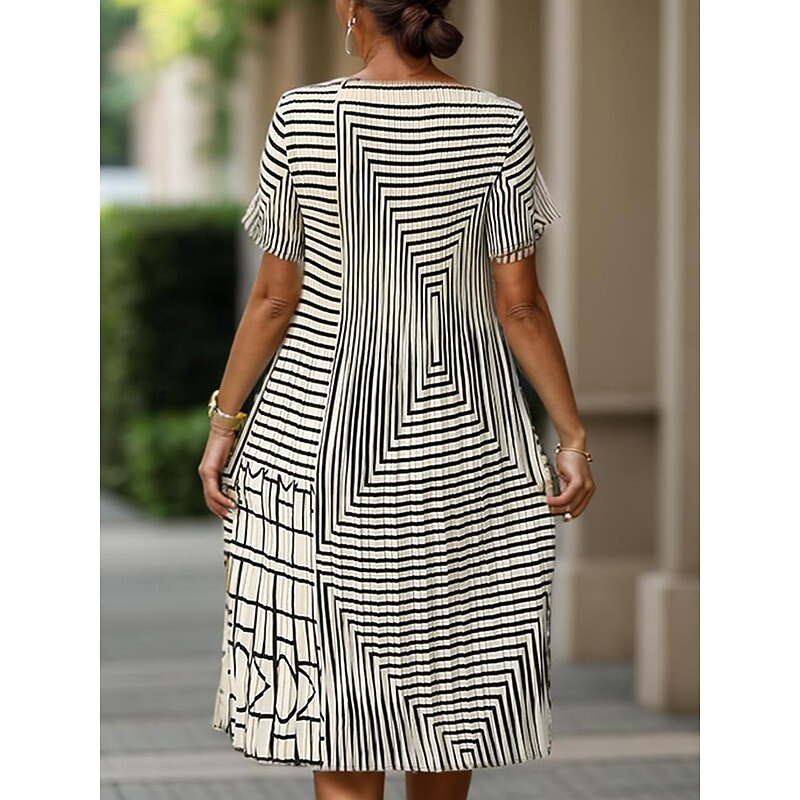 Women's Geometric Pleated Stripe Crew Neck Midi Dress Summer Spring4