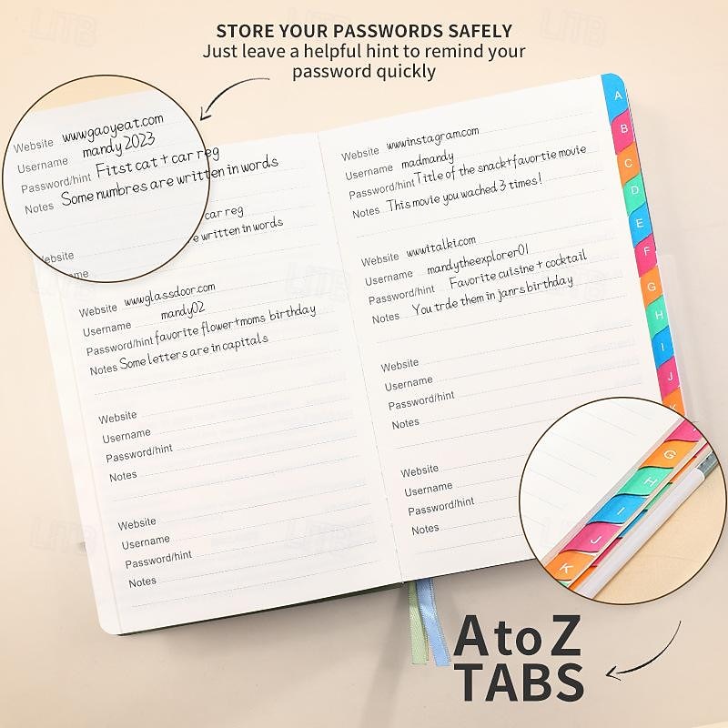 Password Book A5 Letter Tag Password Notebook Computer and Website Login Password Organizer and Manager 240 Pages with Inner Pocket 8.4x5.9 Inches3