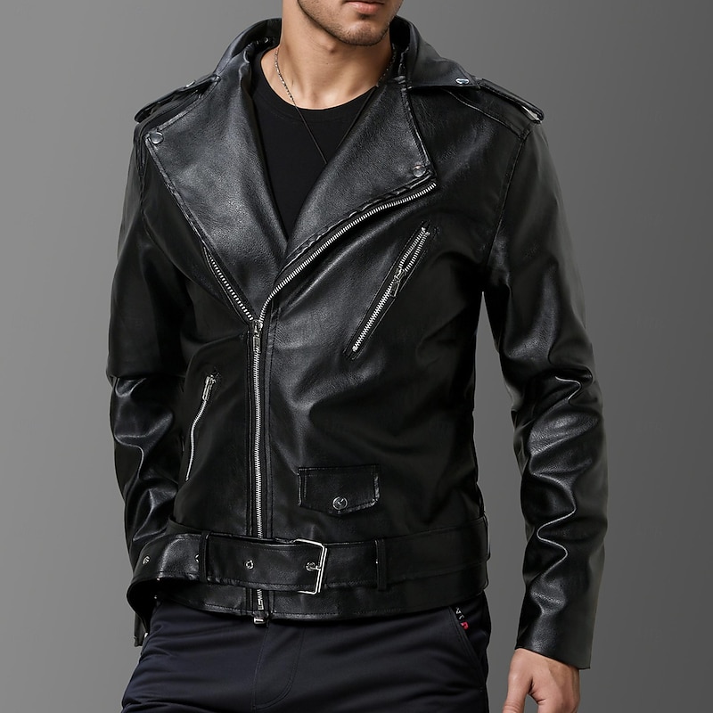 Men's Faux Leather Jacket Biker Jacket Red Leather Jacket Athleisure Daily Wear Buckle All Seasons Solid / Plain Color Punk Fashion Casual Lapel Regular Faux Leather Black Red Jacket3