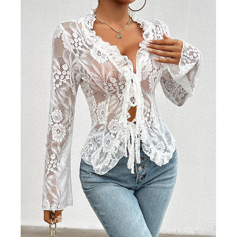 Women's Solid Color Plain Stylish Long Sleeve Causal Lace Water Blue Black White Pink Spring Fall4