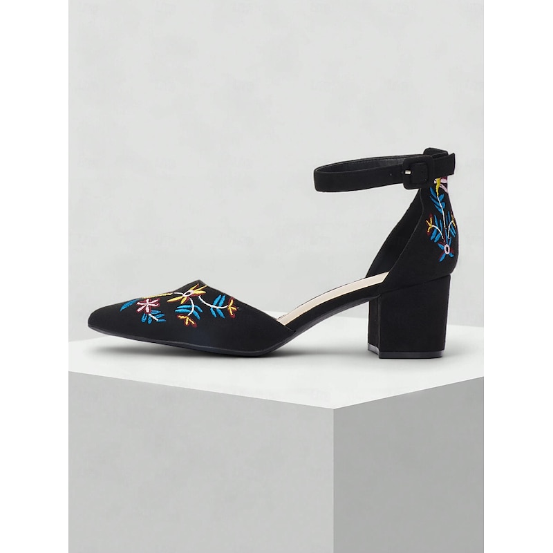 Women's Embroidered Ankle Strap Block Heels - Elegant Floral Pattern Dress Shoes for Parties and Events3
