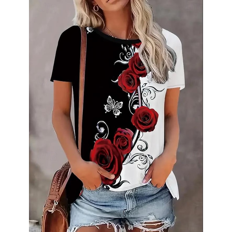 Women's T Shirt Casual Floral Print Short Sleeve Regular Tops Round Neck Daily Black and White Summer