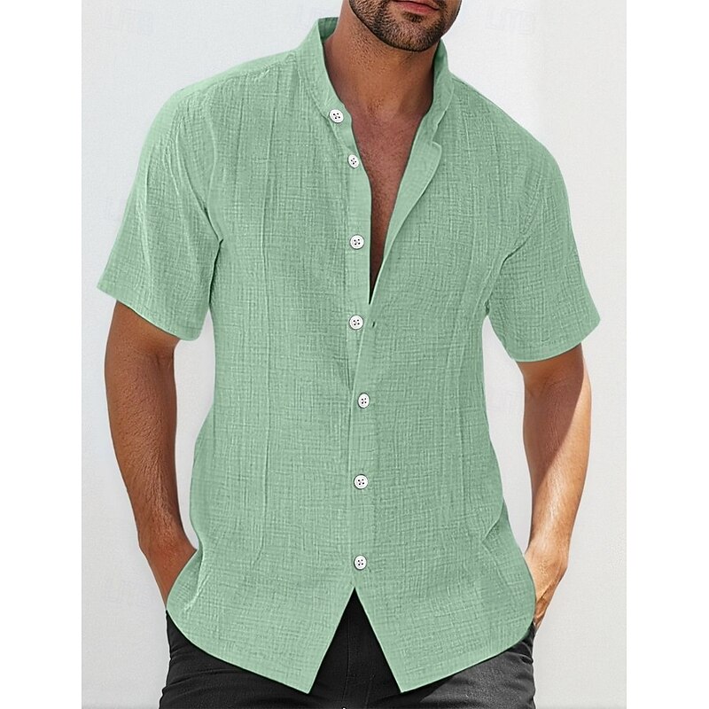 Men's Linen Shirt Guayabera Shirt Band Collar Shirt Summer Shirt Beach Wear Casual Shirt Plain Casual Daily Black White Blue Green Short Sleeve Stand Collar Summer Clothing Apparel4