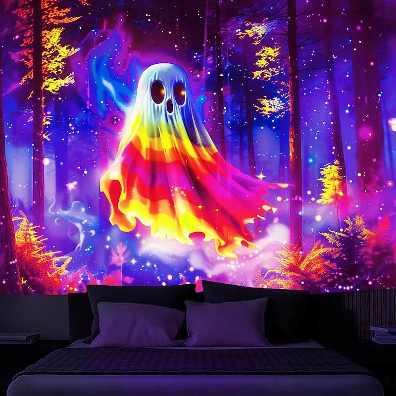 Halloween Decorations Blacklight Tapestry Pumpkins Halloween Trees UV Reactive Glow in the Dark Party Psychedelic Trippy Misty Hanging Tapestry Wall Art Mural for Living Room Bedroom Ghost Castle2