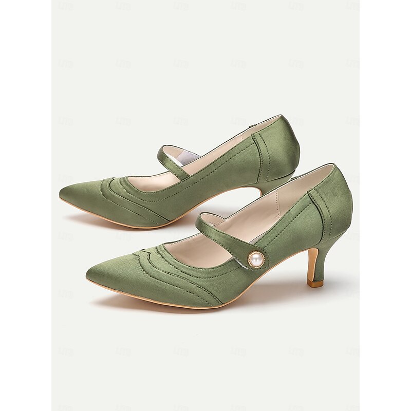 Green Mary Jane Satin Heels with Pearl Button - Elegant Women's Dress Shoes for Formal Events and Office Wear3