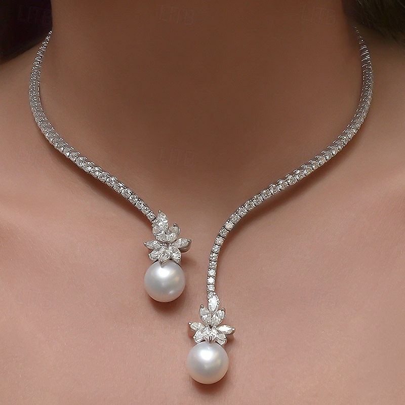 Women's Elegant Pearl Drop Necklace with Crystal-Embellished Floral Design - Luxury Formal Jewelry for Weddings, Galas, and Special Events