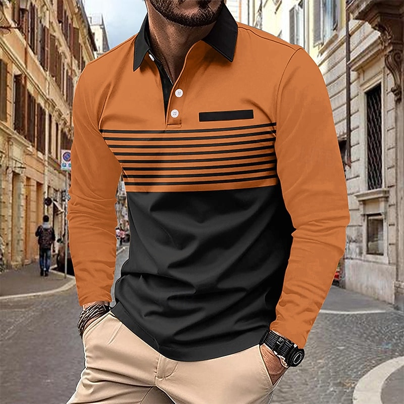 Men's Golf Shirt Golf Polo Work Casual Lapel Long Sleeve Basic Modern Stripes Button Pocket Spring &  Fall Regular Fit Pumpkin Pink Red Green Khaki Gray Golf Shirt2