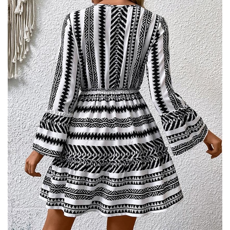 Women's Geometric Print V Neck Midi Dress 3/4 Length Sleeve Spring Fall4