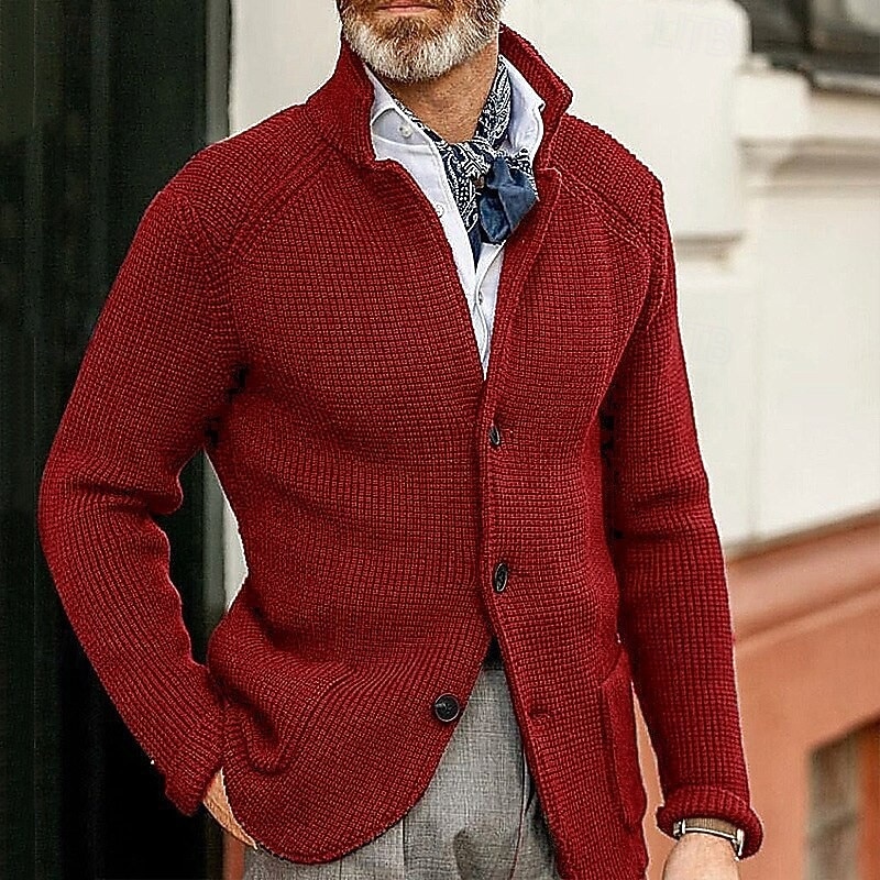 Men's Cardigan Sweater Dress Sweater Cropped  Sweater Knit Sweater Ribbed Knit Regular Button Up Pocket Plain Stand Collar Fashion Classic Daily Wear Date Clothing Apparel Fall & Winter Wine Red Black3