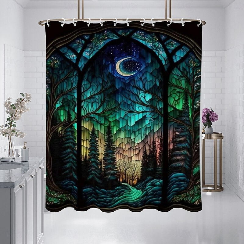 Shower Curtain with Hooks 180cm*180cm(70"*70") Polyester Washable Waterproof Pattern Bathroom Bathtub Decor Landscape Forest2