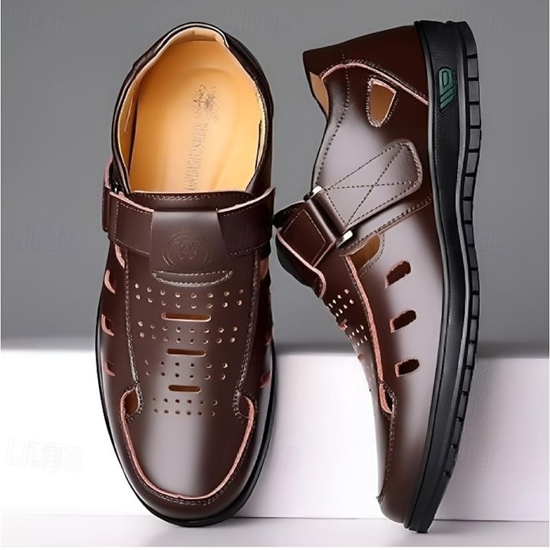 Men's Brown Split Leather Sandals with Velcro Strap and Breathable Design for Summer Comfort3