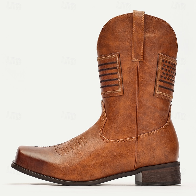 Men's Brown Faux Leather Western Cowboy Boots - Vintage Style with Unique Stitching and Striped Details for Outdoor Wear2