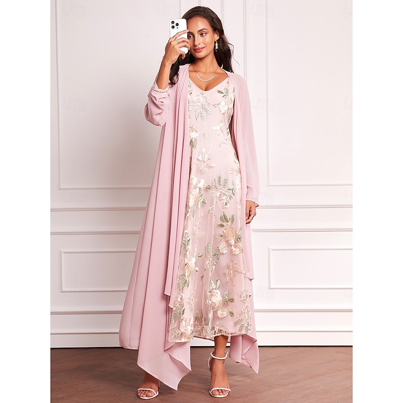 Women's Wedding Guest Dress Set Maxi Dress Chiffon Cardigan Embroidered Date Vacation Elegant V Neck Long Sleeve Pink Color Spring Summer Fall2