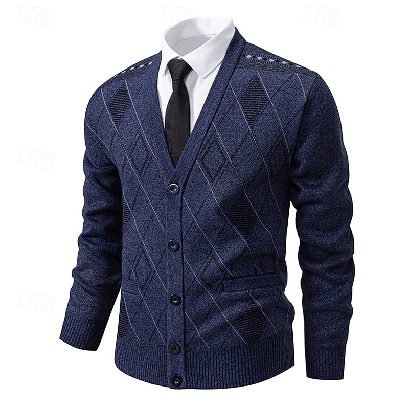 Men's Cardigan Sweater Cropped  Sweater Knit Sweater Mens Dress Sweaters Ribbed Knit Regular Button Up Side Pockets Argyle V Neck Fashion Classic Daily Wear Date Clothing Apparel Fall & Winter Navy