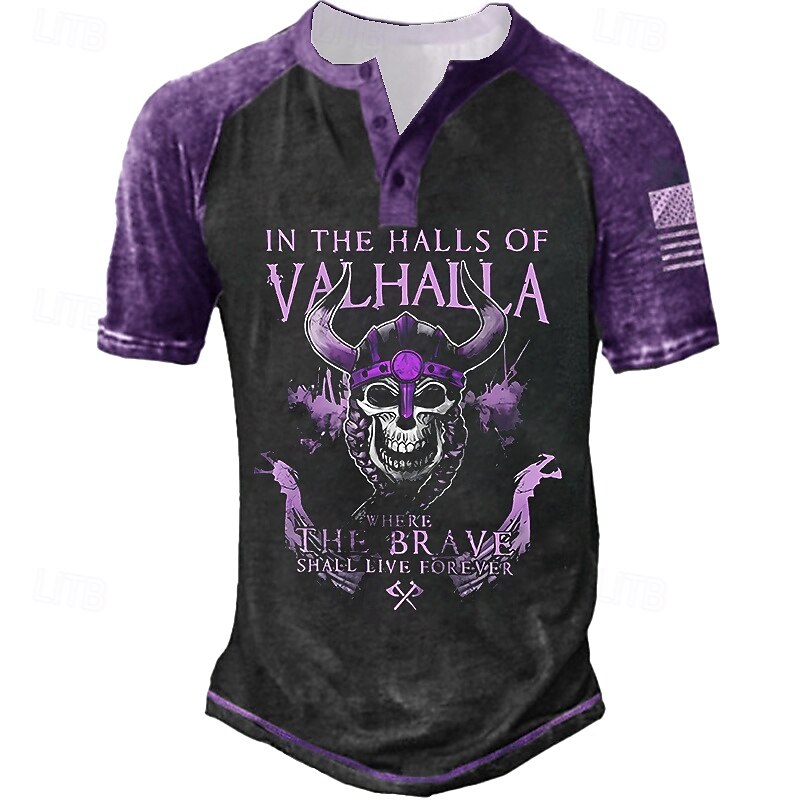 Men's Halloween Graphic Skull Letter T Shirt Henley Shirt Tee Short Sleeve 3D Print Designer Basic Classic Outdoor Daily Sports Summer Black Yellow Red Blue Purple Henley Henley T-Shirt3