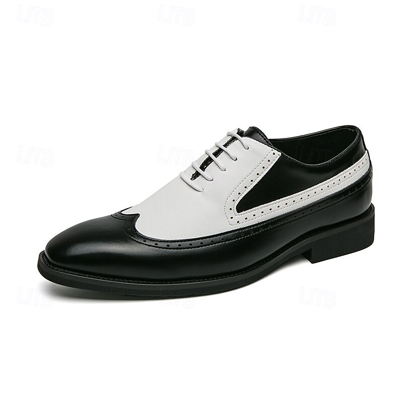 Men's Black and White Wingtip Oxford Shoes with Brogue Detailing - Classic Two-Tone Faux Leather Dress Shoes for Formal and Vintage-Inspired Outfits3