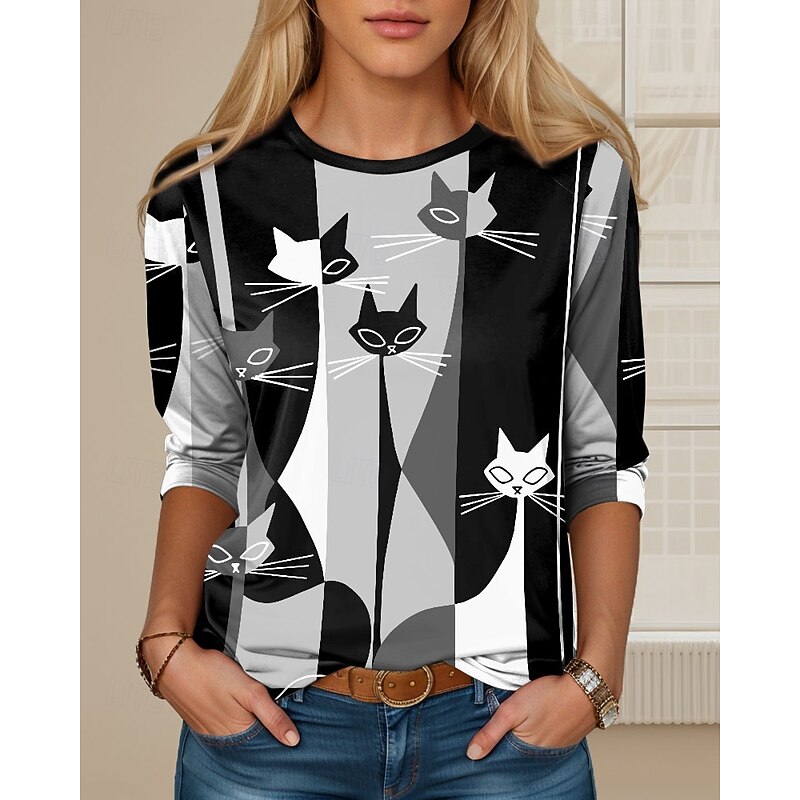 Women's T shirt Long Sleeve Crew Neck Long Sleeve Tunic Casual Ombre Cat Print Regular Tops Daily Black Spring Fall Prefall