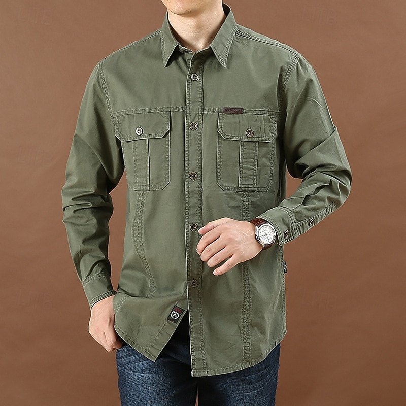 Men's Shirt Workwear Shirts Casual Shirt Work Shirt Button Up Shirt Cargo Shirt Black khaki Army Green Beige Gray Long Sleeve Plain Lapel Vacation Hawaiian Front Pocket Clothing Apparel 100% Cotton4