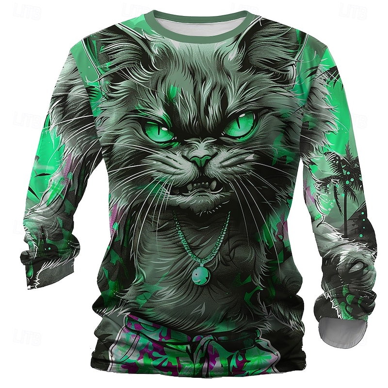 Men's Cat Funny T Shirt Long Sleeve T shirt 3D Print Crew Neck Shirt Designer Retro Vintage Street Casual Daily Yellow Red Blue Summer Spring Fall Clothing Apparel S M L XL XXL XXXL4
