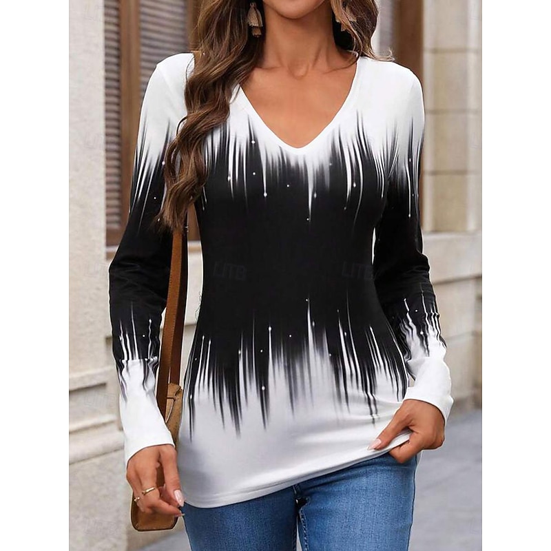 Women's T Shirt V Neck Long Sleeve Tunic Casual Color Block Print Regular Tops Daily Black Spring & Fall3