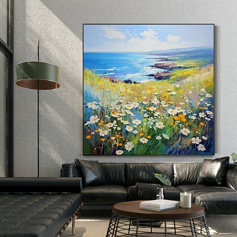 Hand painted Extra Large Floral Seascape Painting Oversized Abstract Home wall art Textured Landscape Paintings Decorative Paintings Living Room Art (No Frame)3